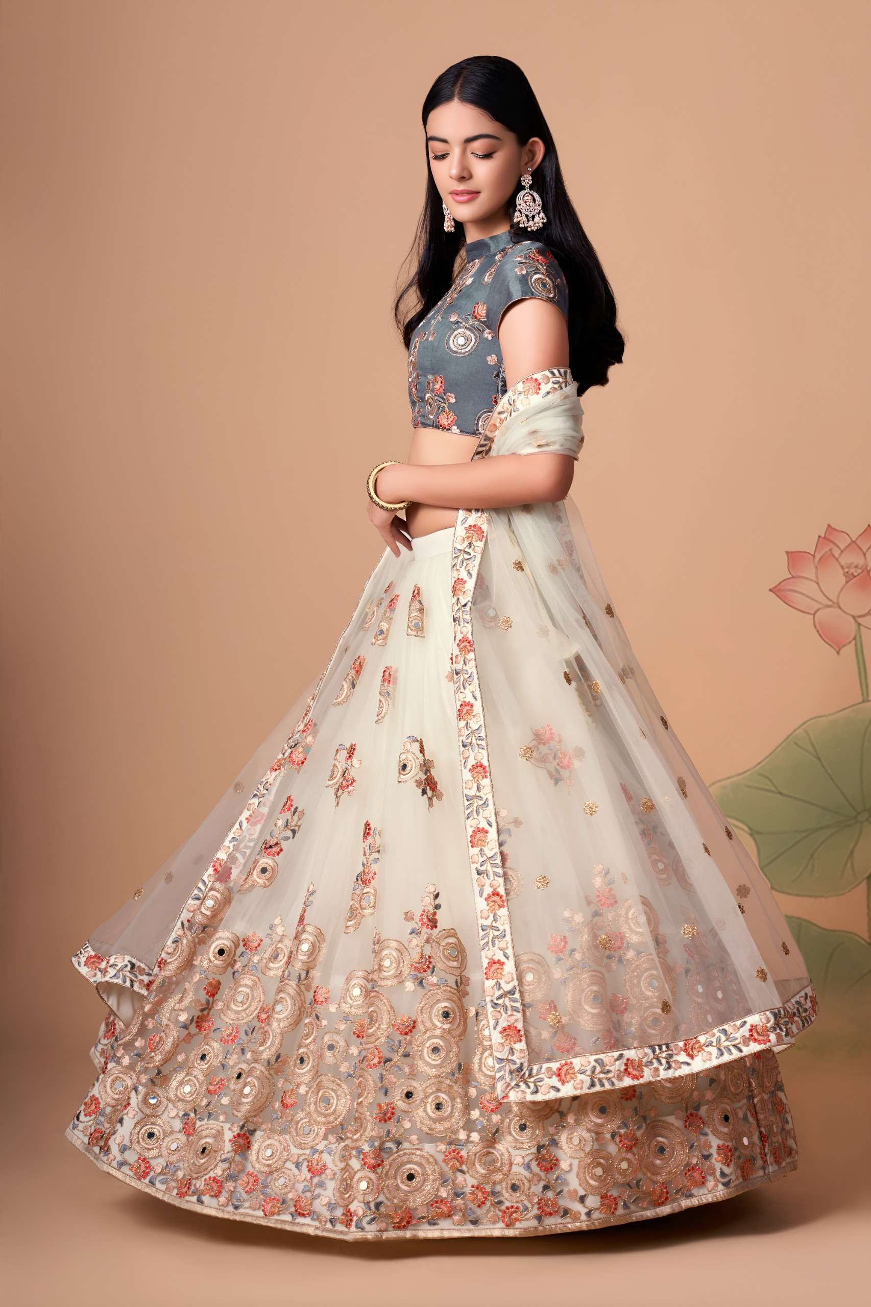 Ivory & Slate Grey Floral and Mirror work on net Lehenga Choli supplier in surat 7322 Off White  